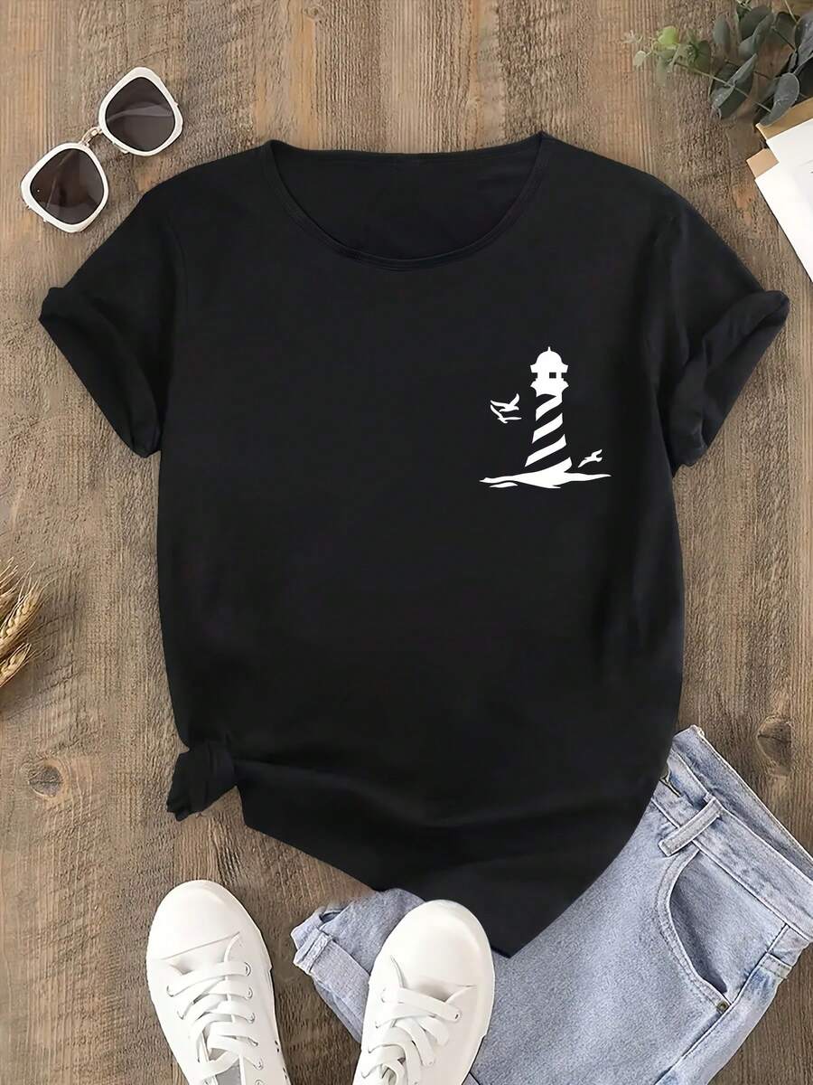 Lighthouse Comfortable And Soft Summer T-Shirt - Black - View 1