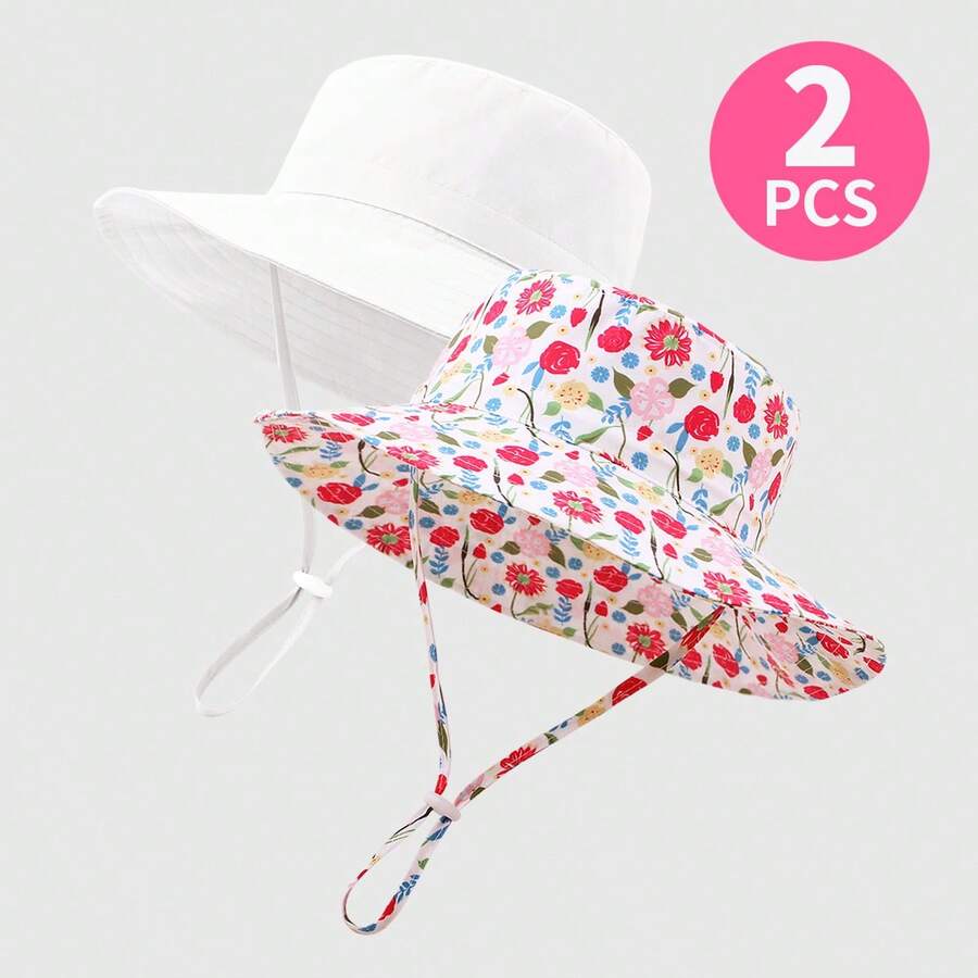 2 piezas Sombrero de cubo ajustable con protección solar, transpirable y casual, de unicolor con estampado, adecuado para viajes al aire libre y uso diario para niños - Multicolor - Ver 1