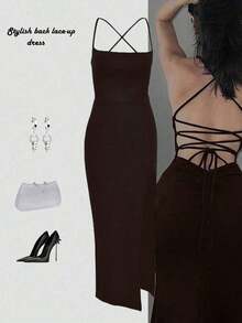 Vestido elegante de unicolor y sexy con espalda descubierta y abertura alta, para fiestas y eventos casuales de verano en color negro - Café integral - Ver 7