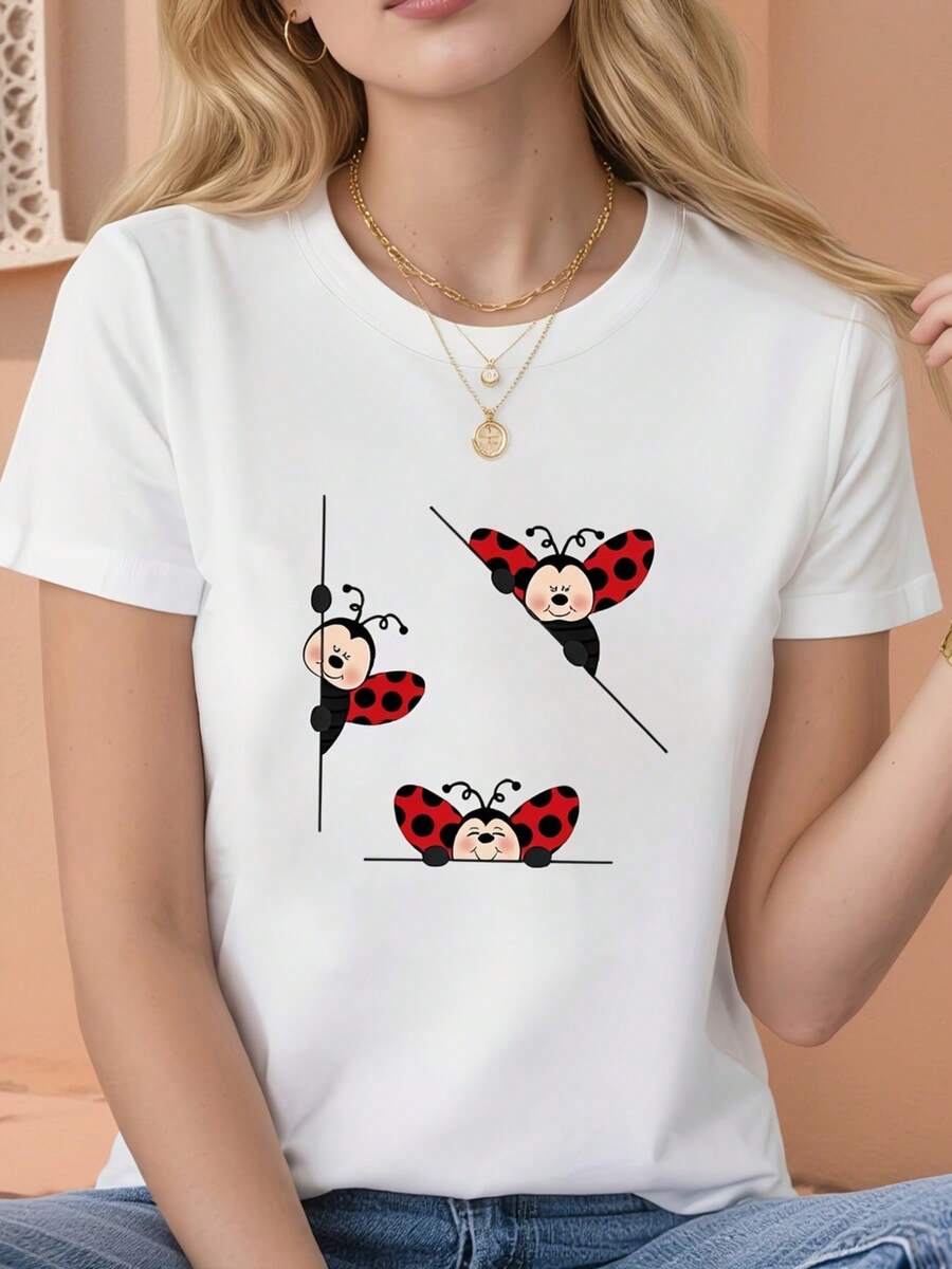 Tamaño más grande - Tamaño más grande - Camiseta de tamaño más grande con un dibujo animado de dibujos animados, camiseta gráfica de cuello redondo de manga corta blanca - lavable en máquina, adecuado para la primavera, el verano y el otoño, estilo casual, ajuste cómodo, diseño de moda, versátil para el uso diario