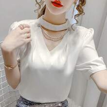 Blusas de estilo veraniego para mujer, camisas informales a la moda con mangas cortas abombadas y cuello redondo, blusas de perlas lisas, Tops WY0227 - BLANCO - Ver 1