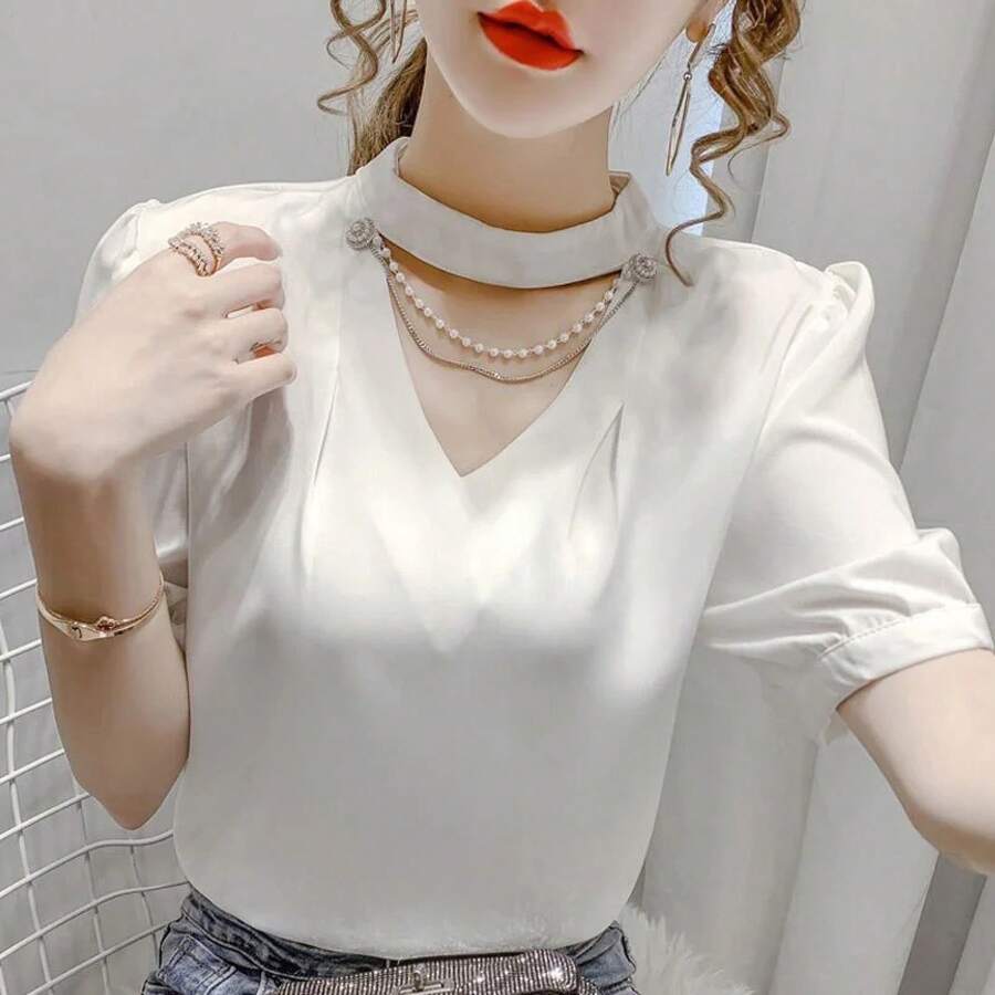 Blusas de estilo veraniego para mujer, camisas informales a la moda con mangas cortas abombadas y cuello redondo, blusas de perlas lisas, Tops WY0227 - BLANCO - Ver 1