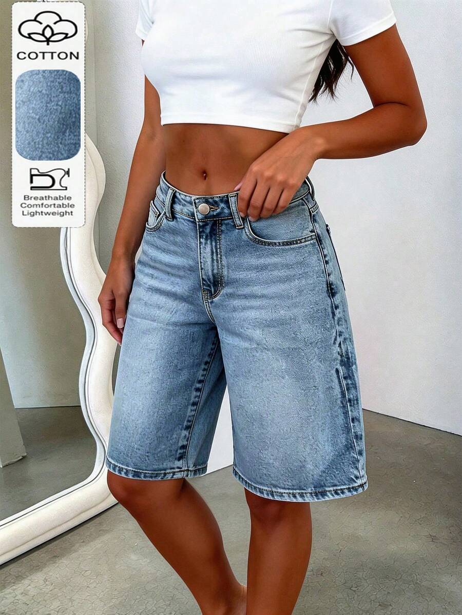 Classic Casual Boyfriend Style Denim Knee Length Shorts For Men, With Pockets, Buttons And Zipper, Straight Leg, Non-Stretch Fabric Summer - Medium Wash - View 1