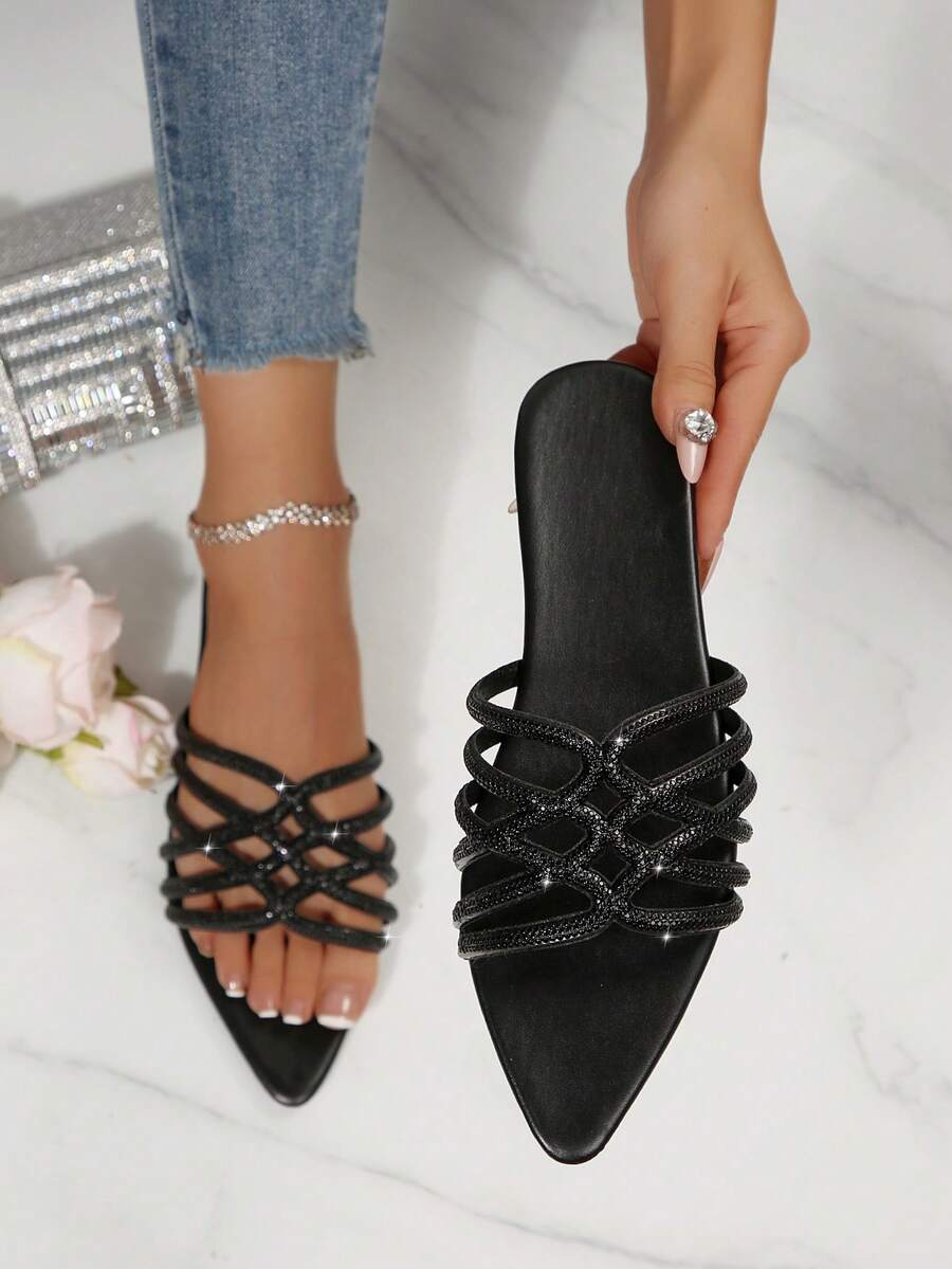Sandalias planas cómodas para mujer con puntera abierta y puntiaguda, con cristal de estilo minimalista y de moda casual - Negro - Ver 1