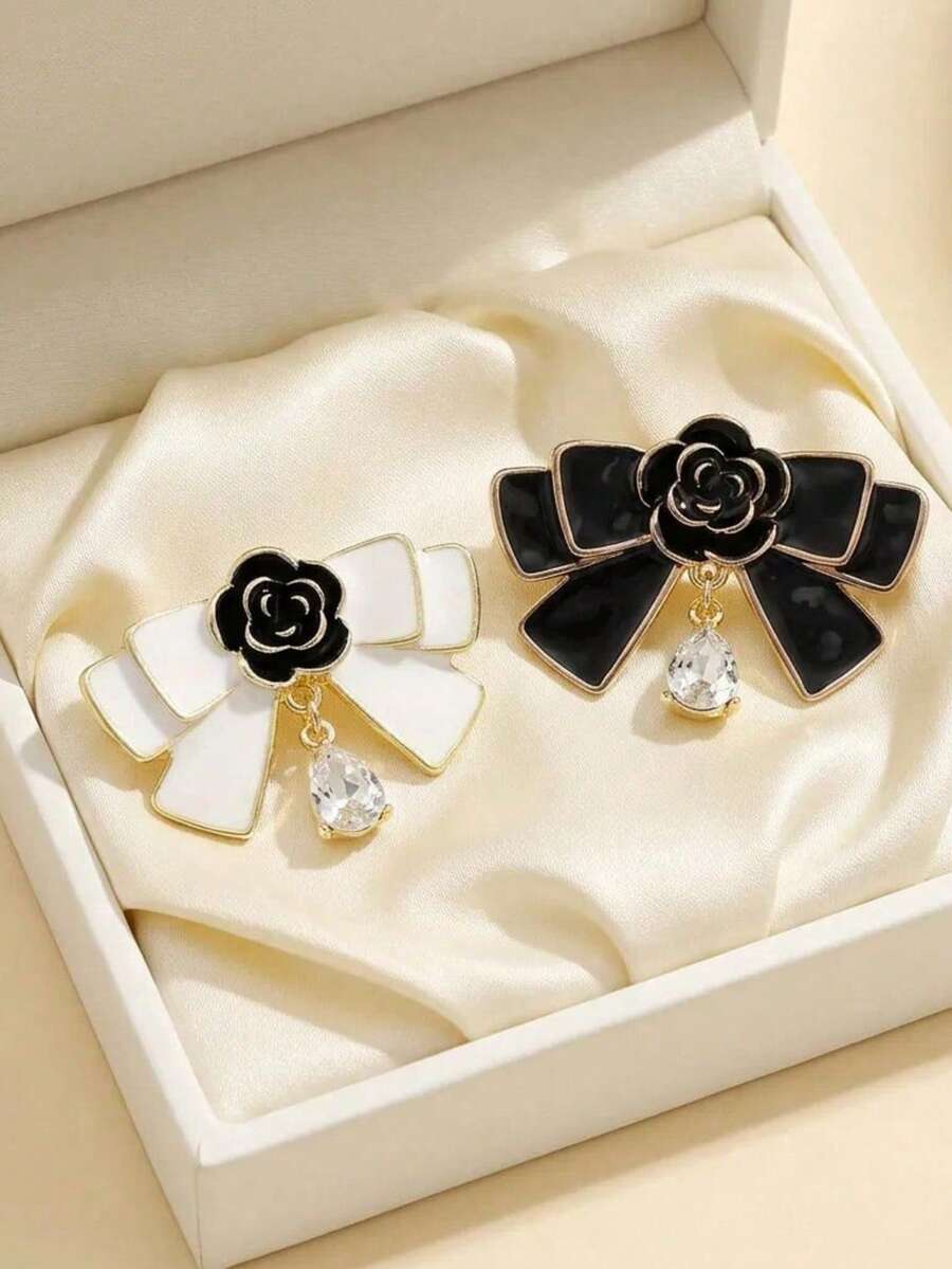 2pcs/Set French Camellia Flower & Bow Brooch, Black & White Crystal Teardrop Lapel Pin, Luxury Elegant Suit Accessory - Black+White - View 1