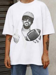 1 Piece Of Women's Oversized T-Shirt, Retro Punk Style, With Vintage Graphic Print Of American Football Hand Gesture, 100% Cotton, Round Neck - Unisex Urban Vintage Style T-Shirt, Loose Fit, Short Sleeve And Round Neck. - 白色 - 查看 7