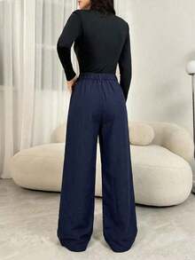 Pantalones plegados elegantes con bolsillos para mujeres maestras, pantalones de otoño/invierno de cintura alta, pantalones de pierna ancha, pantalones sueltos, pantalones holgados, pantalones de negocios profesionales para mujeres, pantalones - Azul marino - Ver 2