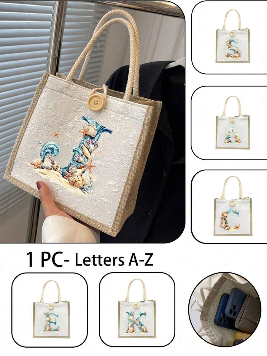 1个简约字母印花帆布手提袋,多功能便携教师手提包,女士礼物,毕业礼物,字母图案礼品袋,大容量印花女士手提包,可重复使用购物袋,适合日常使用、度假、通勤、旅行 - 彩色 - 查看 1