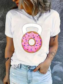 Women's Casual Short-Sleeve T-Shirt With A Delicious Donut Pattern | Machine Washable, Crew Neck, Perfect For All Seasons, Ideal For Birthdays, Gifts, And Everyday Wear - 白色 - 查看 1