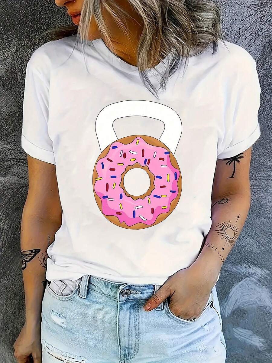 Women's Casual Short-Sleeve T-Shirt With A Delicious Donut Pattern | Machine Washable, Crew Neck, Perfect For All Seasons, Ideal For Birthdays, Gifts, And Everyday Wear - 白色 - 查看 1