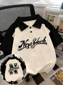 復古城市圖案印花 Polo 領短袖 T 恤，休閒寬鬆版型運動上衣，適合青少年女孩 - 杏色 - 查看 1