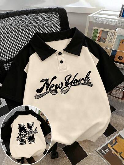Vintage City Graphic Print Polo Collar Short Sleeve T-Shirt, Casual Loose Fit Sports Tee For Teenage Girls