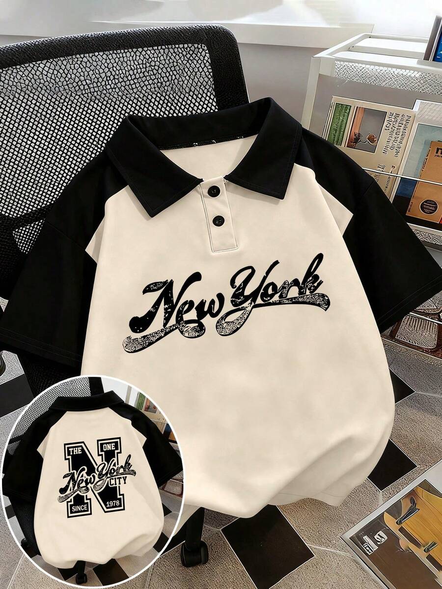 復古城市圖案印花 Polo 領短袖 T 恤,休閒寬鬆版型運動上衣,適合青少年女孩 - 杏色 - 查看 1