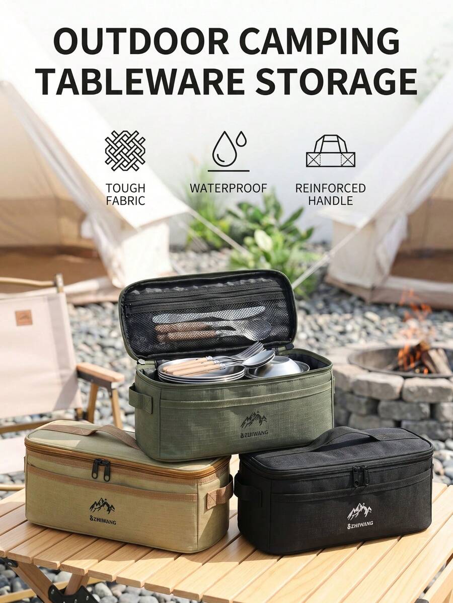 Large Capacity Camping Cutlery Storage Bag, Reinforced Handle, Portable Design, Suitable For Outdoor Camping, Picnic, Hiking, Travel, Yard Activities - Multicolor - View 1