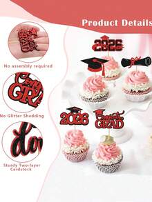 12pcs Black And Red 2026 Graduate Cake Toppers, Creative 'done','class Of 2026', 'Congrats GRAD' Letter Cupcake Picks For Graduation Party Decoration, Dessert Table Decor & Celebration Supplies. - Black and Red - View 4