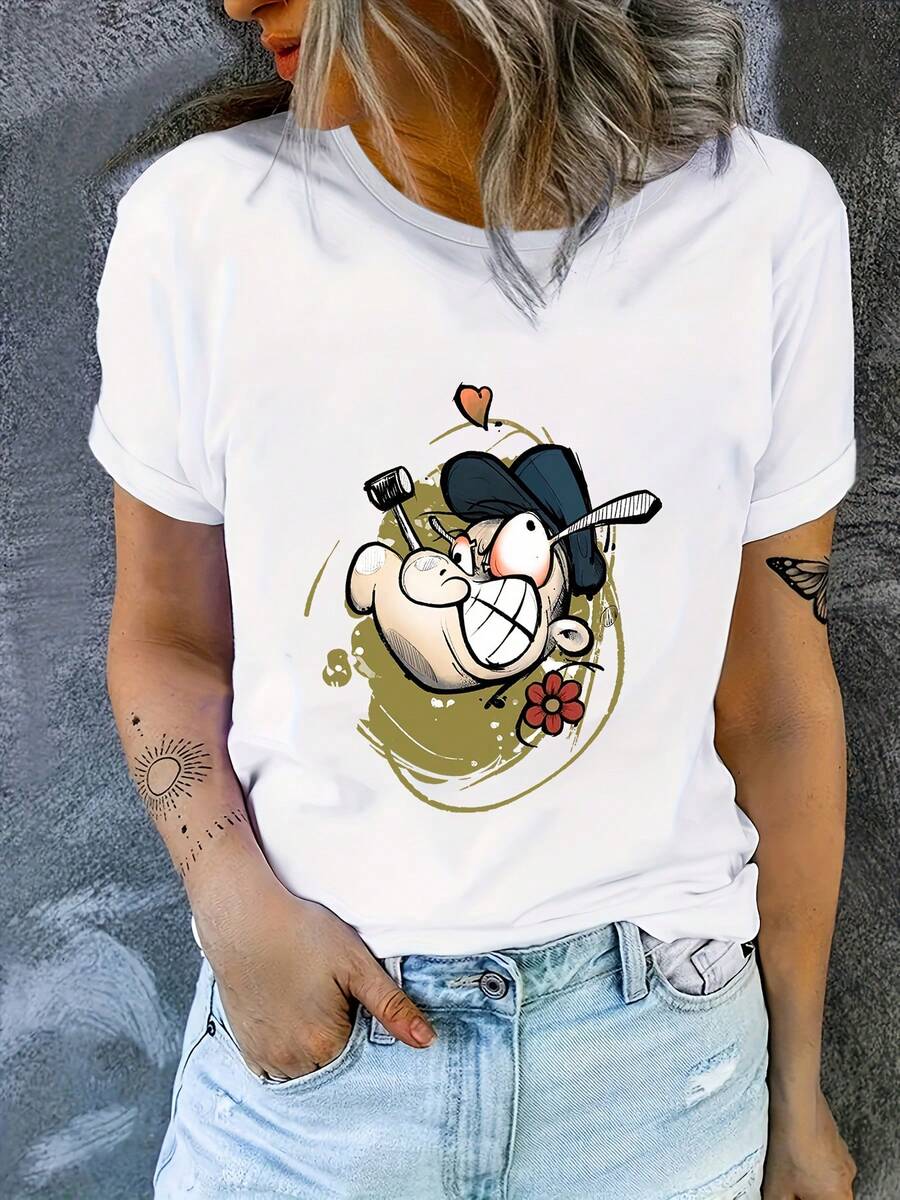 Women's Oversized Funny Print T-Shirt - Loose Fit Short Sleeve Crew Neck T-Shirt With Trolley Design, Breathable Summer T-Shirt For Hiking, Loungewear And Casual Wear - Comfortable And Themed Clothing Machine Washable - 白色 - 查看 1