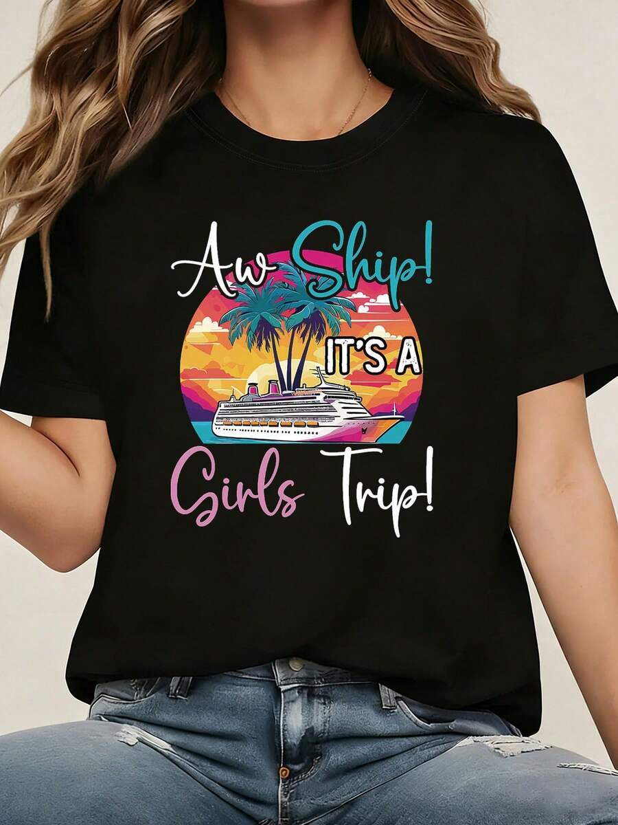 ¡Ah, barco!  ¡Es un viaje! Impresión gráfica camiseta, manga corta cuello de tripulación top casual para verano y primavera, ropa de mujer
