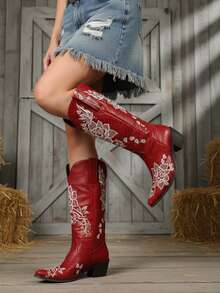 Vintage Womens Knee High Cowboy Boots Wide Calf Pointed Toe Classic Chunky Heeled Embroidered Cowgirl Boot For Women Retro Slip On Party Shoes Wedding Dress Shoes Holiday Outdoor Horse Riding Country Concert Rodeo Hot Weather Breathable Summer Western Booties For Women Purplishred Cowgirl Boots - 紫紅色 - 查看 2