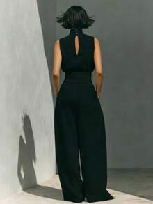 Linen Blend 2-Piece Outfit, Sleeveless High Neck Top & Wide Leg Pants With Waist Belt, Casual Summer Set - Black - View 3