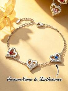 1pc Heart-Shaped Bracelet, Women's Silver Jewelry Bracelet, Customized Family Birthstone, Christmas Gift, Gift For Her, Personalized Women's Jewelry, Gold Jewelry, Women's Accessories, Birthday Gift For Girlfriend/Friend/Mother/Daughter, Women's Jewelry Gift - Silver - View 1