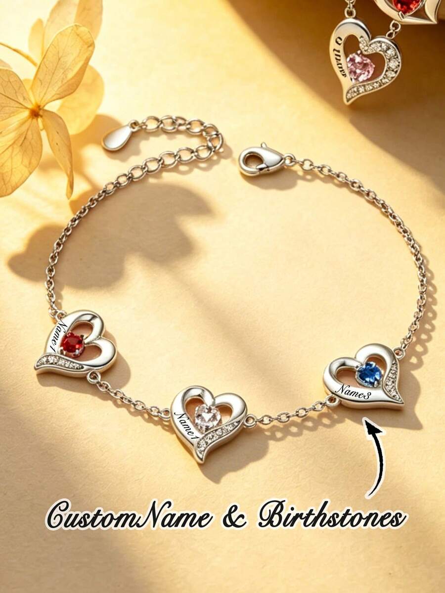 1pc Heart-Shaped Bracelet, Women's Silver Jewelry Bracelet, Customized Family Birthstone, Christmas Gift, Gift For Her, Personalized Women's Jewelry, Gold Jewelry, Women's Accessories, Birthday Gift For Girlfriend/Friend/Mother/Daughter, Women's Jewelry Gift - Silver - View 1