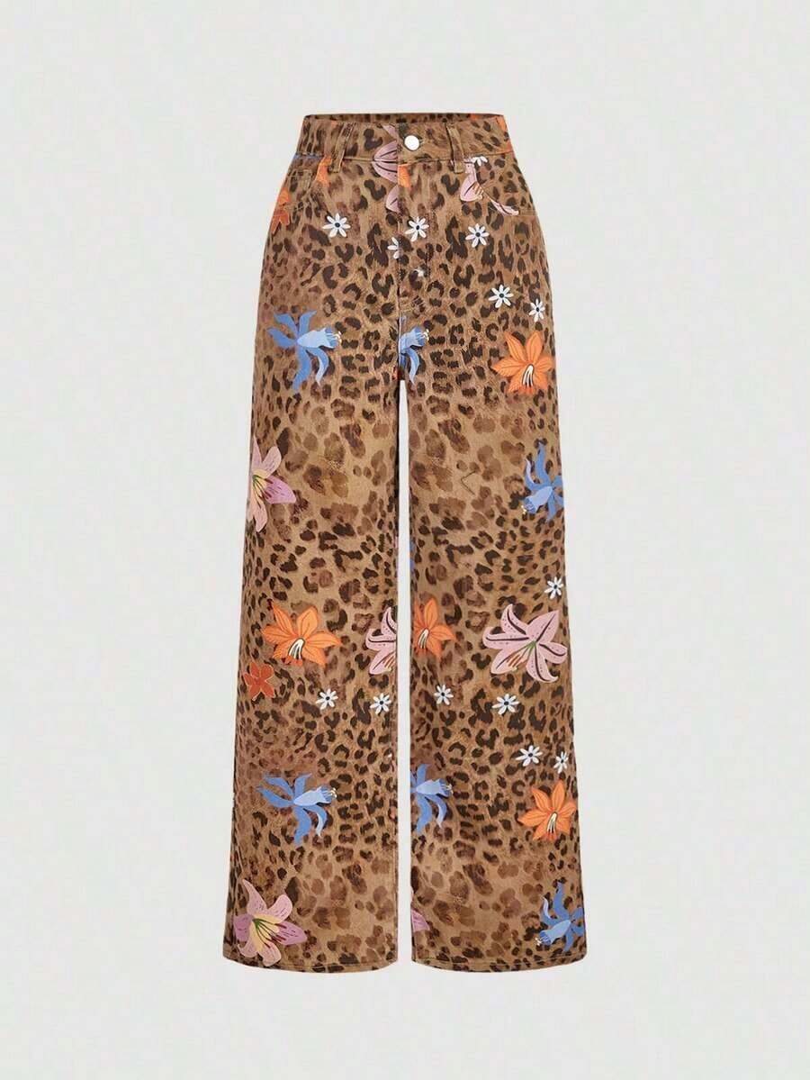 Pantalones vaqueros anchos sueltos y versátiles de mujer con diseño de bolsillos - Marrón - Ver 1