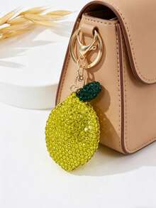 Sparkling Rhinestone Lemon Keychain, Cute Fruit Keyring, Gold Tone Bag Charm For - Yellow - View 4