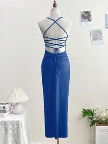 Vestido elegante de unicolor y sexy con espalda descubierta y abertura alta, para fiestas y eventos casuales de verano en color negro - Azul - Ver 8