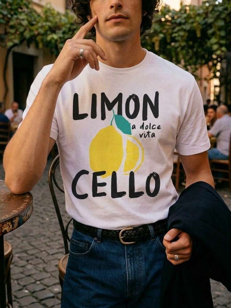 Men's Short-Sleeved T-Shirt, Manfinity Hypemode, With A Round Neck And Slim Fit. It Features A Letter And Fruit Print, Ideal For Those Looking For A Fresh And Modern Summer Look. - Black and White - View 1