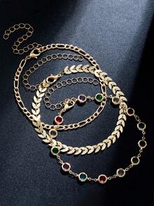 Cadena de hojas de estilo oceánico de moda con strass de colores, tobillera ajustable de varias capas, adecuada para mujeres (color de strass aleatorio) - Multicolor - Ver 3