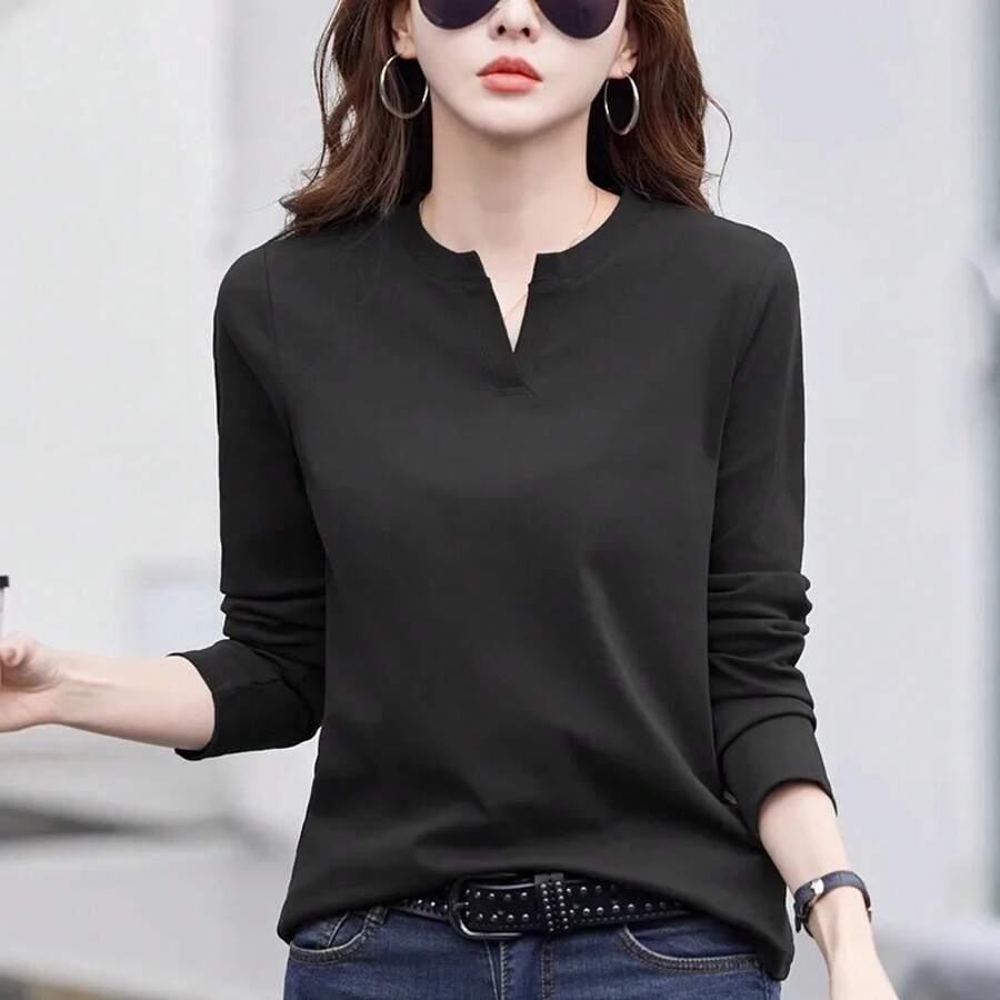 Camiseta de manga larga de algodón puro rojo vino para mujer en primavera y otoño, nueva moda de talla grande con cuello en V, top informal ajustado - Negro - Ver 1