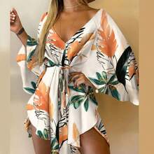 Vestido estampado para mujer, Sexy, con cuello en V, manga murciélago, volantes, estampado de flores, vestido veraniego bohemio para playa, Mini vestidos sueltos para vacaciones de verano - Amarillo - Ver 2