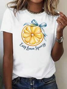Camiseta de manga corta estampada para mujer, camiseta de manga corta de estilo dulce con estampado de limón de verano y lazo azul, top de manga corta llamativo para atuendo diario. Camiseta básica cómoda de otoño, camiseta de manga corta estampada para actividades al aire libre, camiseta unisex de - Blanco - Ver 2