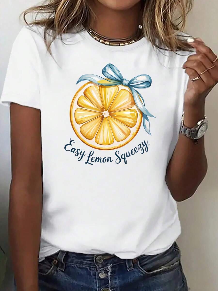 Camiseta de manga corta estampada para mujer, camiseta de manga corta de estilo dulce con estampado de limón de verano y lazo azul, top de manga corta llamativo para atuendo diario. Camiseta básica cómoda de otoño, camiseta de manga corta estampada para actividades al aire libre, camiseta unisex de