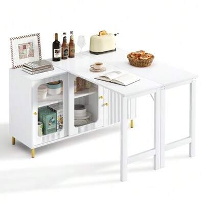 Modern White Buffet-Sideboard With Handles And Other Tischplatte, Drehbarer Oberfläche, Golden Metallbeinen, Glasschiebetüren And Wellenmuster – Perfect For Esszimmer And Küche