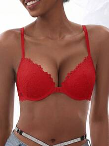 1pc Women's Sexy Lace Front Closure Underwire Push-Up Bra, Transparent Thin Cup Bra, With Shoulder Straps Lingerie Bra, Anti-Sagging Comfortable - Red - View 10
