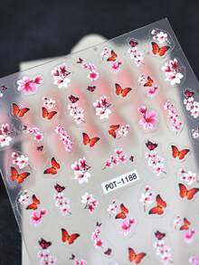1pc Pink Floral & Butterfly Nail Stickers, Self-Adhesive 3D Embossed Nail Art Decals, Delicate Nail Decoration For Spring/Summer, Fresh Pattern, Easy To Apply And Durable - Multicolor - View 5