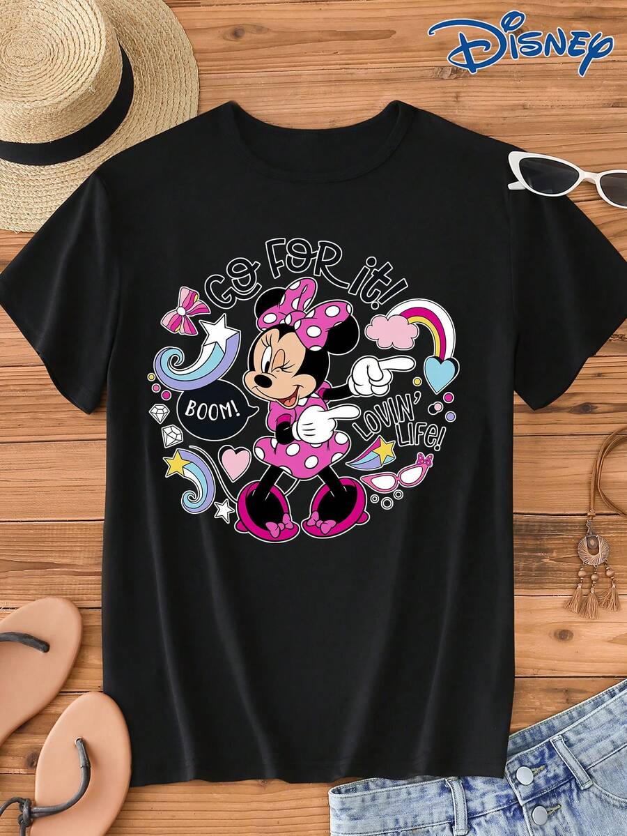 1pc Women's Short Sleeve T-Shirt, Disney Minnie Mouse Graphic Print, Round Neck, Stretchy, Easy Care, Suitable For Daily Wear, Fashionable Women's Short Sleeve Tee, Casual Wear - Black - View 1