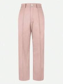Pantalones rectos de unicolor azul marino de con cintura sin botones, cremallera y bolsillos, pantalones rectos elegantes, de oficina, diarios y versátiles para la primavera y el verano - Rosa - Ver 4