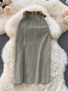 Falda de pana con bolsillos y abertura con cinturón para mujer en color caqui - Gris - Ver 1
