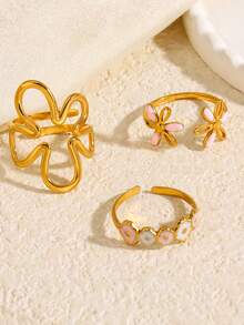 3pcs 18K Gold Plated Stainless Steel Non-Fading Geometric, Floral, Egg-Shaped Adjustable Waterproof Rings Set, Elegant Fashion Accessories For Women, Suitable For Daily, Beach, Party, Date Wear, Gift - Multicolor - View 9