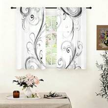 2pcs Black & White Scroll Pattern Semi-Blackout Curtains, No-Drill Rod Pocket Design, Style For Living Room, Kitchen, Home Decor, Polyester Fabric, Machine/Hand Washable - Multicolor - View 9