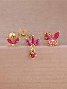 3 piezas/Set Pendientes de botón de acero inoxidable chapado en oro de 18K con circonita en forma de mariposa y hoja para mujeres, pendientes de cartílago hipoalergénicos - 1-Oro-3 piezas - Ver 1