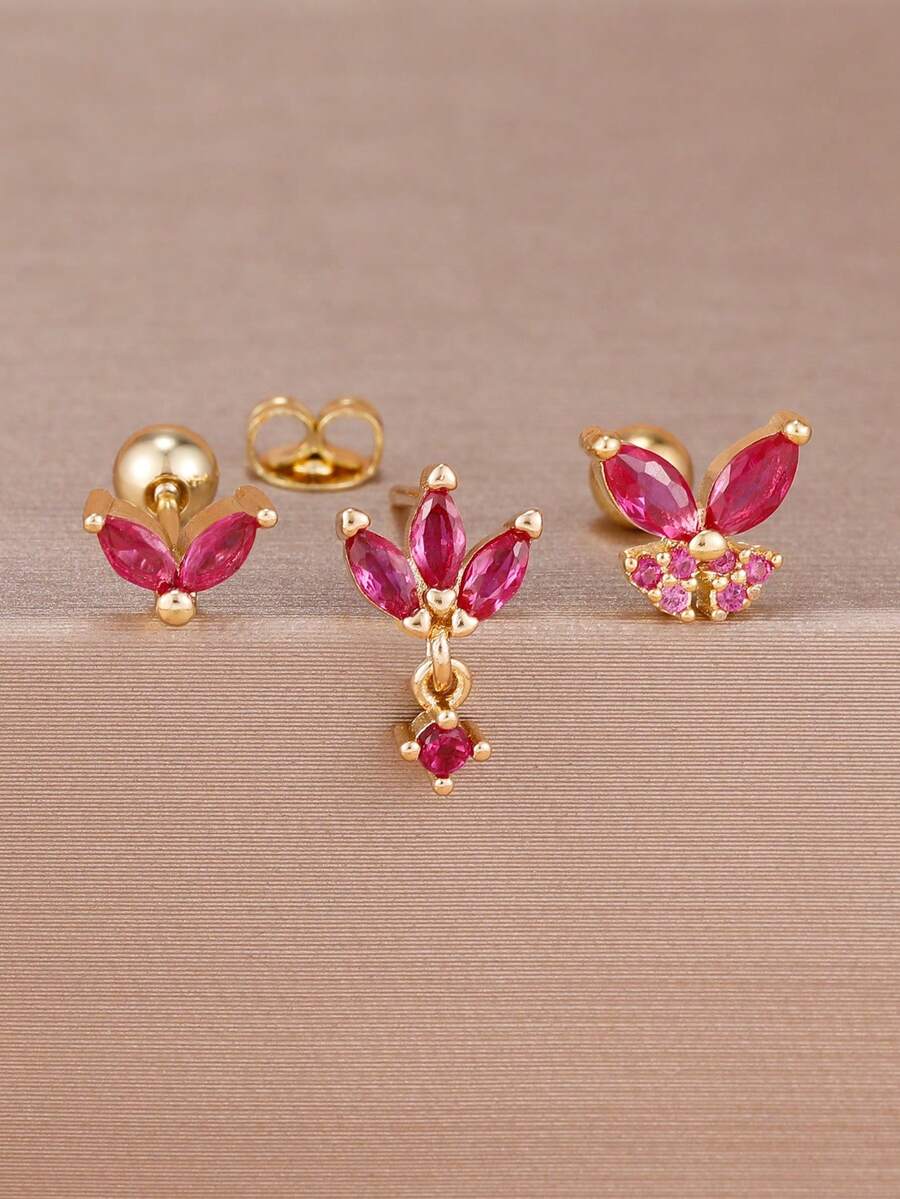 3 piezas/Set Pendientes de botón de acero inoxidable chapado en oro de 18K con circonita en forma de mariposa y hoja para mujeres, pendientes de cartílago hipoalergénicos - 1-Oro-3 piezas - Ver 1