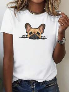 Camiseta de bulldog francés de las mujeres - lindo francés perro gráfico, camiseta suave transpirable, cuello redondo casual con adorable perrito sentado para la ropa casual, ropa de amante de mascotas lavable a la máquina - Blanco - Ver 2