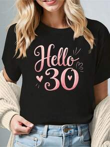 Women's Hello 30th Birthday T-Shirt - 30th Birthday Outfit With Number 30 Print, Crew Neck Short Sleeve Casual Top, Spring Summer Blouse For 30 Year Old Gift - 黑色 - 查看 1