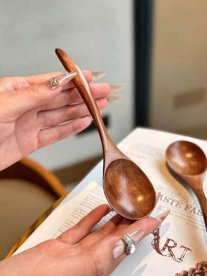 1pc Japanese Style Nanmu Wood Small Soup Spoon, Vintage Eating Spoon, Useful Curved Handle Small Spoon, Household Eating, Soup, Stirring Spoon, High Aesthetic Cake & Dessert Small Spoon