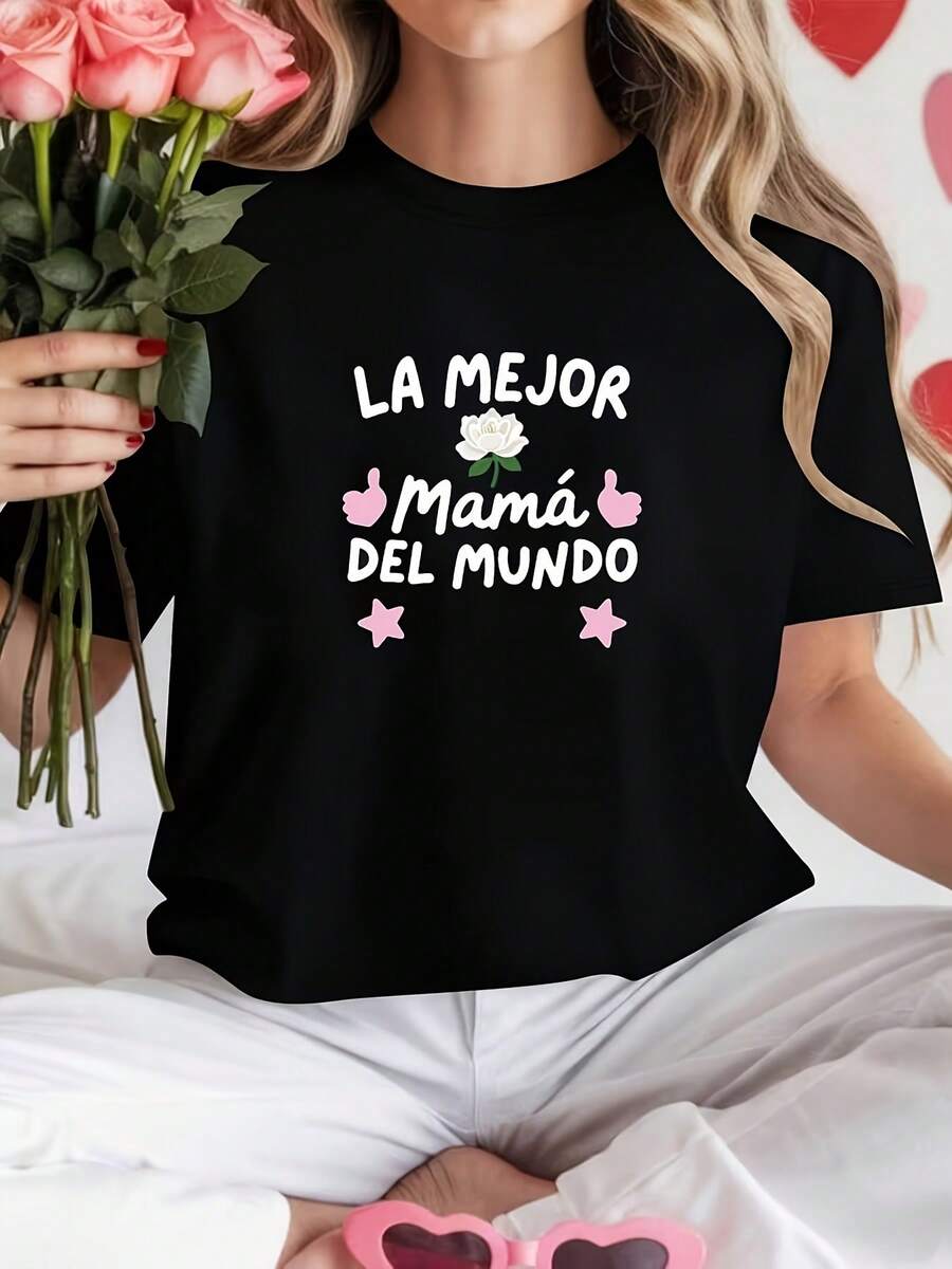 Spanish "Best Mom" T-Shirt For Women - THE BEST Mum £ OF THE MO Letters And Floral Print Round Neck Short Sleeve Blouse Suitable For Casual Wear, Layering, Mother's Day Gift, Everyday Outfits - Not A Basic T-Shirt For Parties And Daily Use - 黑色 - 查看 1