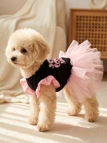 LUCKIE PAL 1pc Pink Letter Slogan Print Ruffle Sleeve Pet Mesh Dress, Cute Stylish Ballerina Tulle Dress, Adorable For Cats And Dogs - Multicolor - View 4