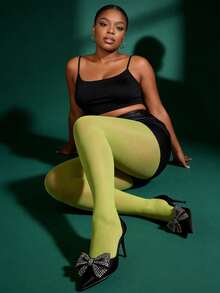 1 Pair Plus Size Opaque Solid Color Pantyhose, High Waist Full Coverage Green Tights - Multicolor - View 3